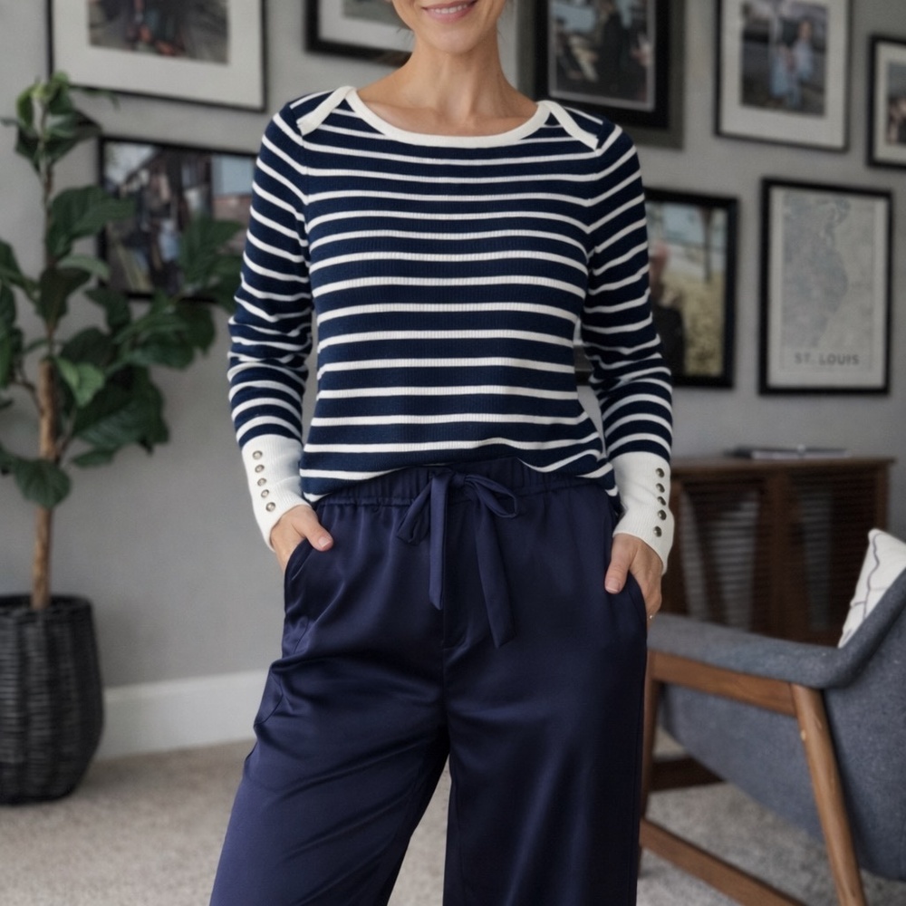 Lucky Brand Medium Striped Wool Cashmere Blend‎ Boatneck Sweater Navy